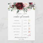 Burgundy Blush Floral Wedding Order of Event  Program<br><div class="desc">Personalize this chic Burgundy Blush Floral wedding order of events easily and quickly, simply press the customise it button to further re-arrange and format the style and placement of the text. Extra timeline icons such as a church, a floral arbor and a camera are included (on the right hand side...</div>