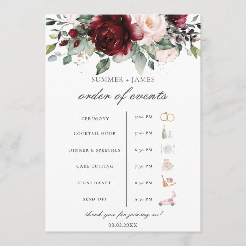 Burgundy Blush Floral Wedding Order of Event  Program