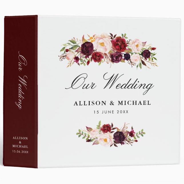 burgundy blush floral wedding photo album 3 ring binder (Front/Spine)
