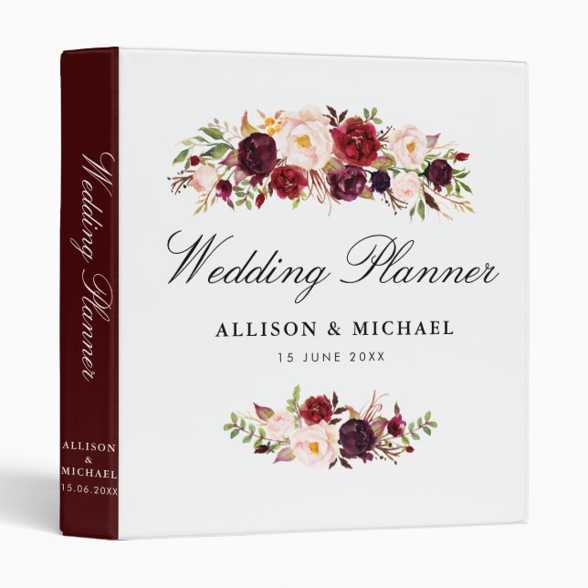 burgundy blush floral wedding planner 3 ring binder (Front/Spine)