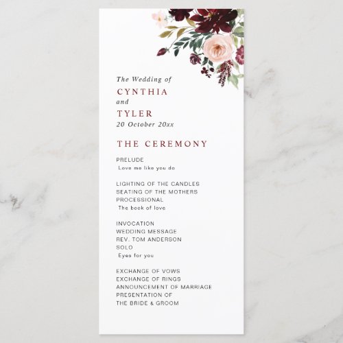 Burgundy  blush floral wedding program