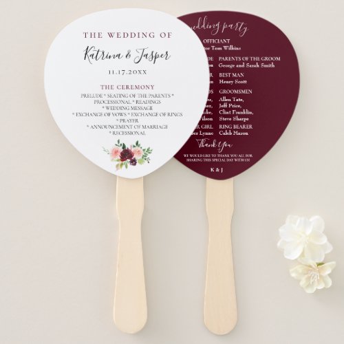 Burgundy Blush Floral Wedding Program Hand Fans