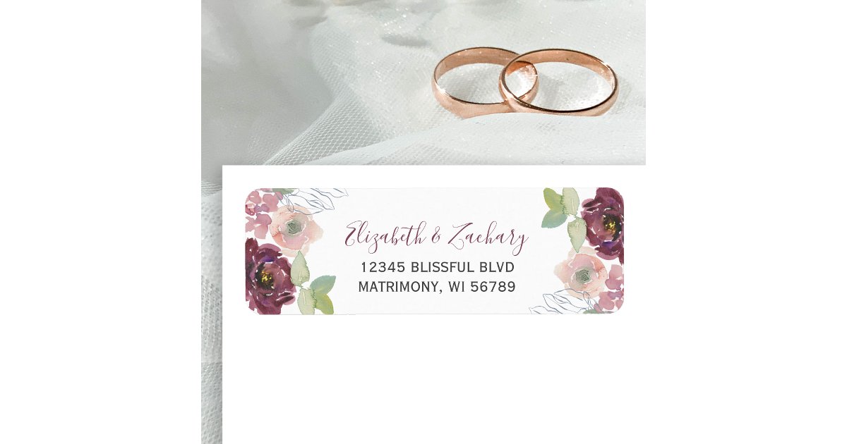 Burgundy Blush Floral Wedding Return Address Label | Zazzle