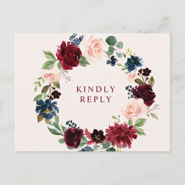 Burgundy blush floral wedding RSVP Postcard (Front)
