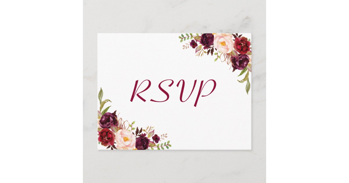 Burgundy Blush Floral Wedding RSVP Response Postcard | Zazzle
