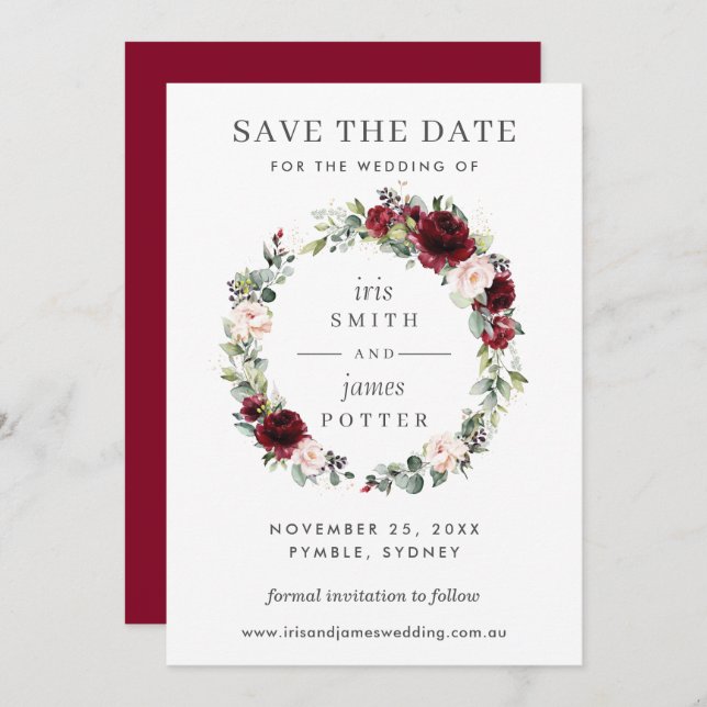 Burgundy Blush Floral Wedding Save the Date Card (Front/Back)