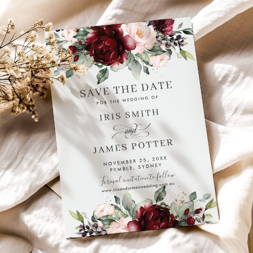 Burgundy Blush Floral Wedding Save the Date Card