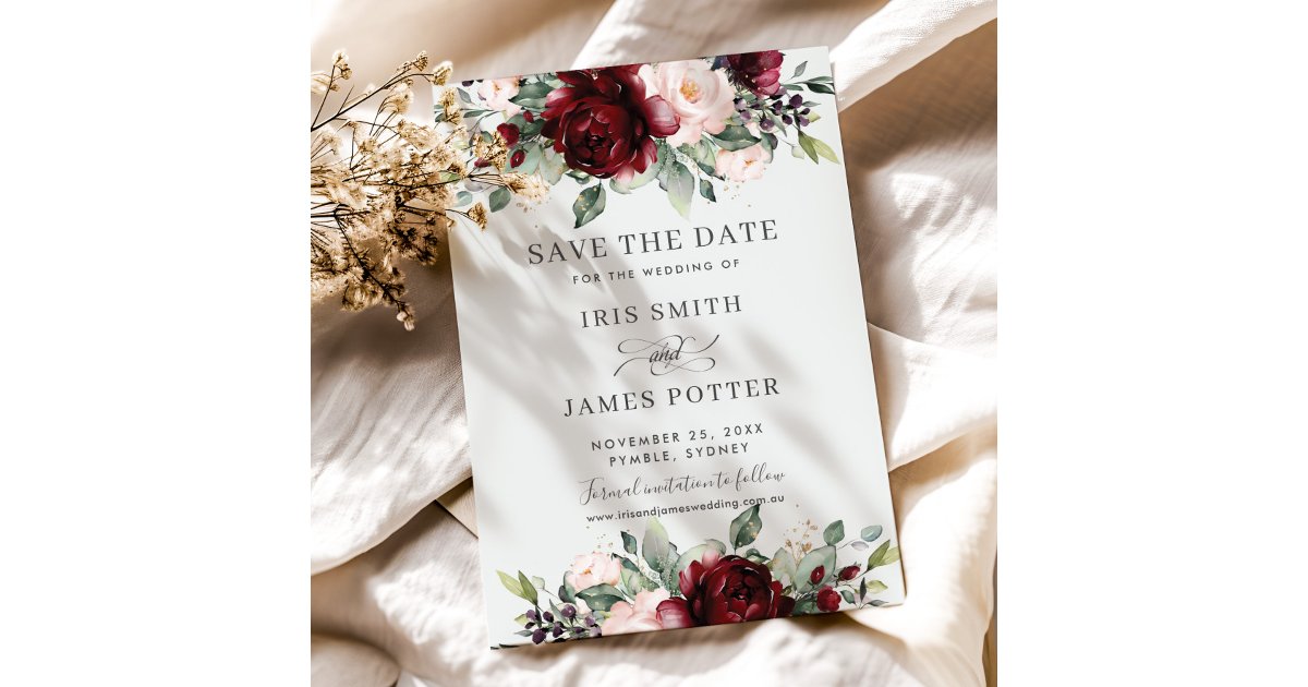 Burgundy Blush Floral Wedding Save the Date Card | Zazzle