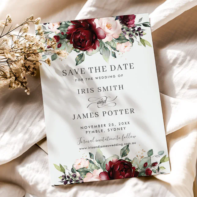 Burgundy Blush Floral Wedding Save the Date Card | Zazzle