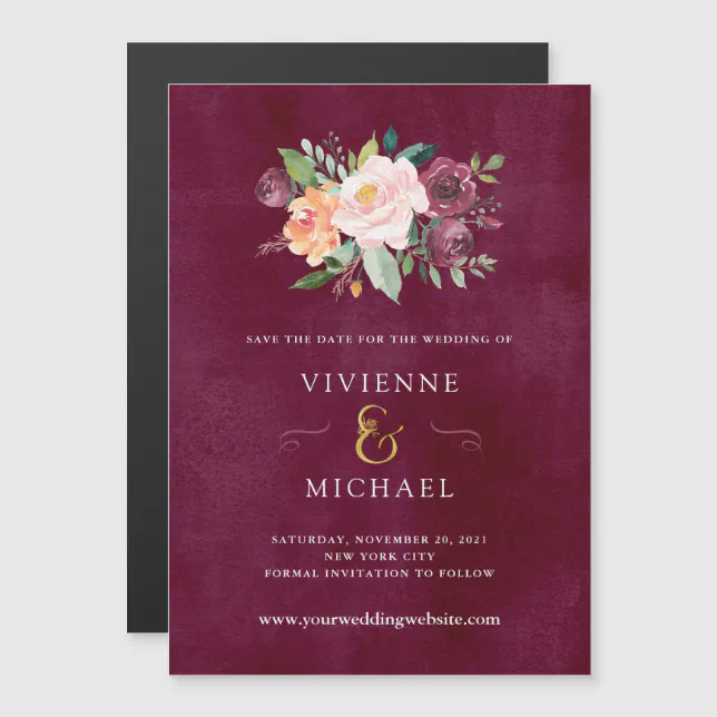 Burgundy Blush | Floral Wedding Save the Date Magnetic Invitation | Zazzle