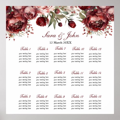 Burgundy Blush Floral Wedding Seating Chart