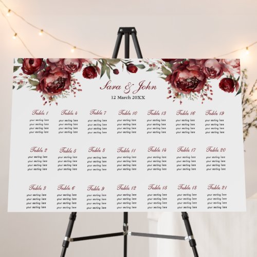 Burgundy Blush Floral Wedding Seating Chart Foam Board