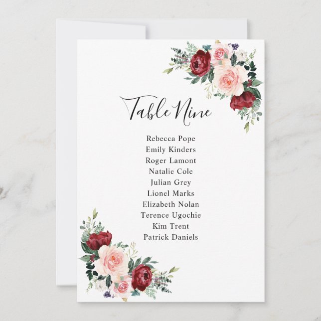 Burgundy Blush Floral Wedding Table Seating Cards (Front)