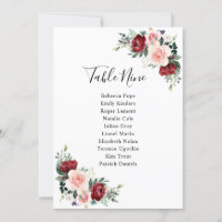Burgundy Blush Floral Wedding Table Seating Cards