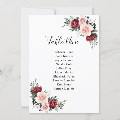 Burgundy Blush Floral Wedding Table Seating Cards