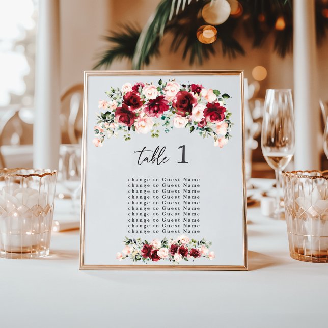 Burgundy Blush Floral Wedding Table Seating Chart (Creator Uploaded)