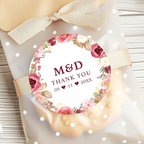 Burgundy Blush Floral Wedding Thank You Classic Round Sticker