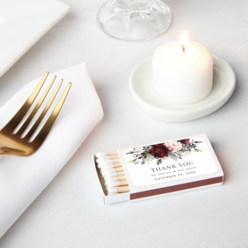 Burgundy Blush Floral Wedding Thank You Favor  Matchboxes