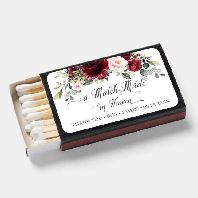 Burgundy Blush Floral Wedding Thank You Favor  Matchboxes (Front Open)