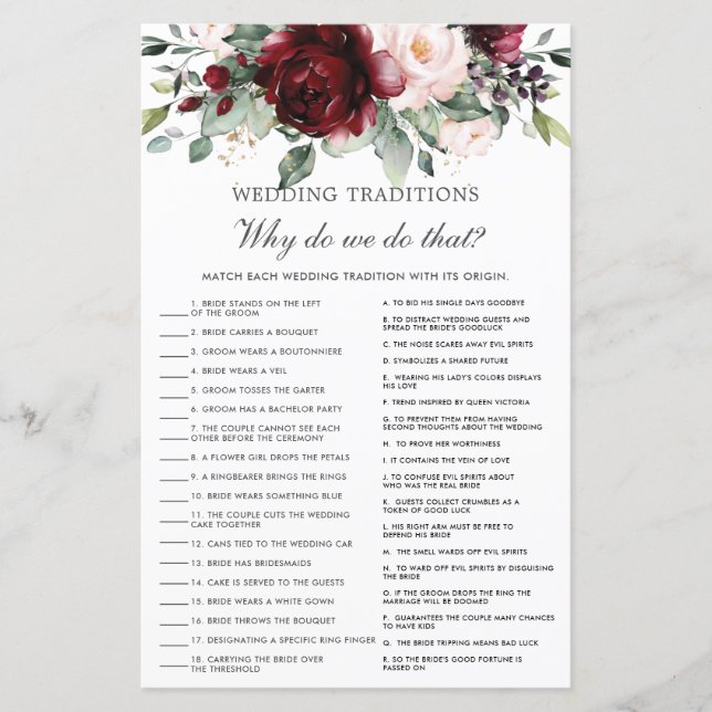 Burgundy Blush Floral Wedding Traditions Game (Front)