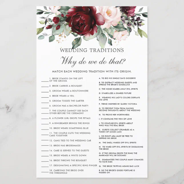 Burgundy Blush Floral Wedding Traditions Game | Zazzle