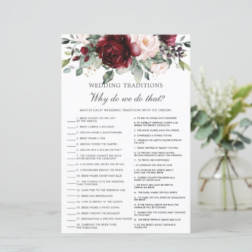 Burgundy Blush Floral Wedding Traditions Game | Zazzle