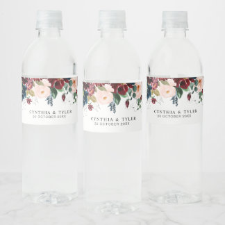 burgundy & blush floral wedding water bottle label