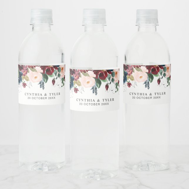 burgundy & blush floral wedding water bottle label (Bottles)