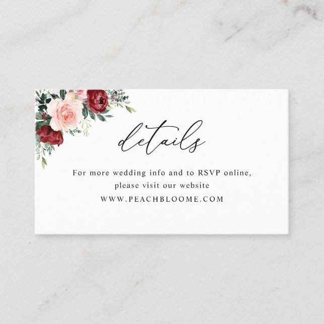 Burgundy Blush Floral Wedding Website Details Card (Front)