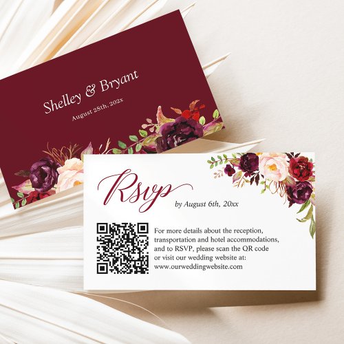 Burgundy Blush Floral Wedding Website RSVP QR Code Enclosure Card