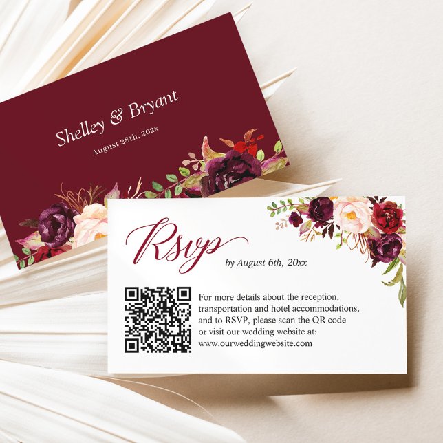 Burgundy Blush Floral Wedding Website RSVP QR Code Enclosure Card (Creator Uploaded)