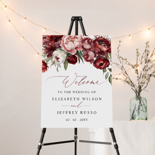 Burgundy Blush Floral Wedding Welcome Sign (In Situ (Stand))