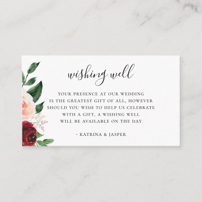 Burgundy Blush Floral Wedding Wishing Well Enclosure Card (Front)
