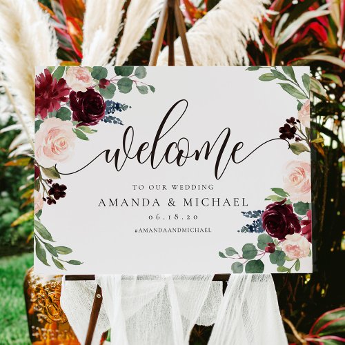 Burgundy Blush Floral Welcome Wedding Sign