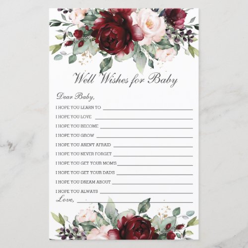 Burgundy Blush Floral Well Wishes for Baby Shower