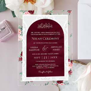 Burgundy Blush Floral White Lace Muslim Wedding Acrylic Invitations