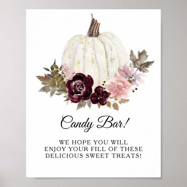 Burgundy Blush Floral White Pumpkin Candy Bar Sign (Front)