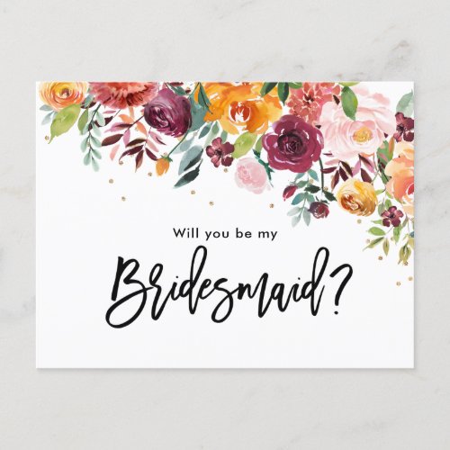 Burgundy Blush Floral Will You Be My Bridesmaid Invitation Postcard