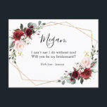 Burgundy Blush Floral Will You Be My Bridesmaid Postcard<br><div class="desc">Beautiful romantic floral boho will you be my bridesmaid Postcard with meal choice features hand-painted watercolor floral graphics / roses in rich tones of Burgundy Marsala and blush pink / peach and charming hand lettering style font with gold glitter geometric frame. Please contact me for any help in customization or...</div>