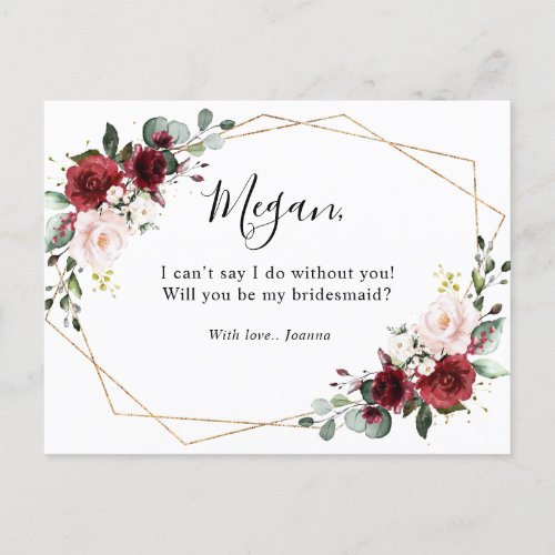 Burgundy Blush Floral Will You Be My Bridesmaid Postcard