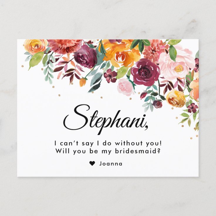 Burgundy Blush Floral Will You Be My Bridesmaid Postcard | Zazzle