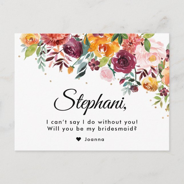 Burgundy Blush Floral Will You Be My Bridesmaid Postcard (Front)