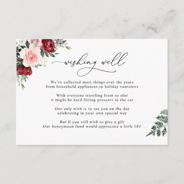 Burgundy Blush Floral Wishing Well Wedding Enclosure Card (Front)