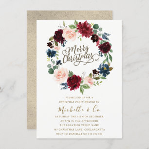 Burgundy & Blush Floral Wreath Christmas Party Invitation
