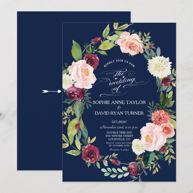 Burgundy Blush Floral Wreath Dark Blue Wedding Invitation (Front/Back)