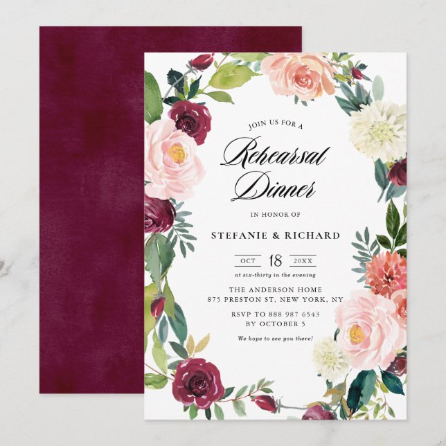Burgundy Blush Floral Wreath Fall Rehearsal Dinner Invitation (Front/Back)