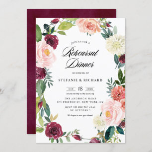 Burgundy Blush Floral Wreath Fall Rehearsal Dinner Invitation