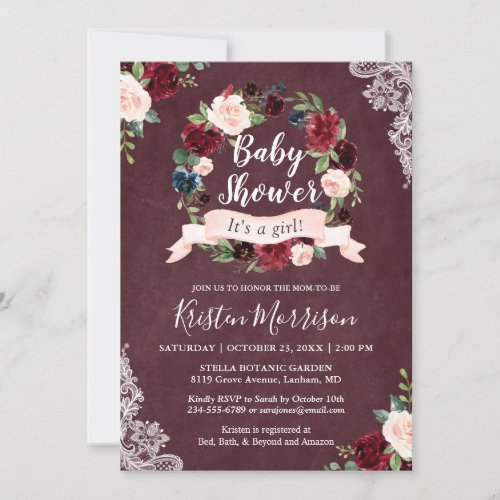 Burgundy Blush Floral Wreath Lace Baby Shower Invitation