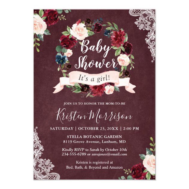 Burgundy Blush Floral Wreath Lace Baby Shower Invitation