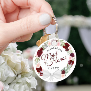 Burgundy Blush Floral Wreath Maid of Honor Wedding Keychain